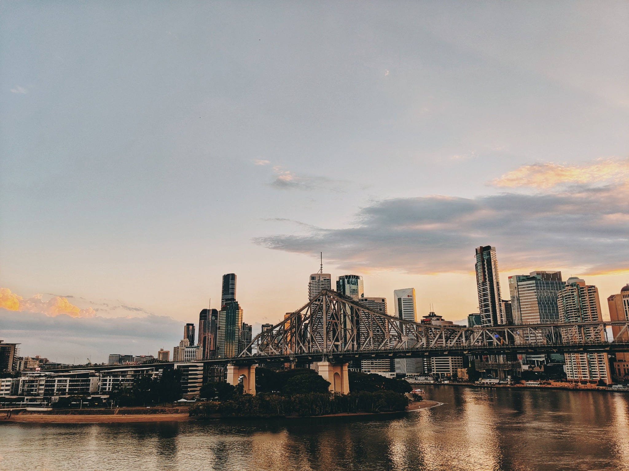 Brisbane skyline and Story Bridge at sunset in Queensland, Australia